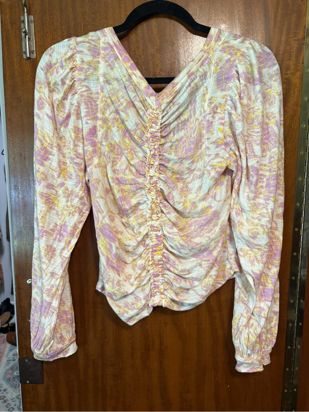 Free People Pink & Yellow Ruched V-Neck Blouse